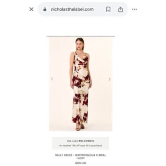 NWT NICHOLAS Sally Watercolor Floral Ivory Cowl Neck Side Slit Maxi Dress - Picture 4 of 17